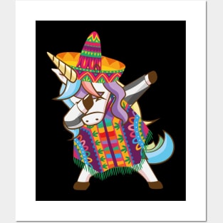 Mexican Dabbing Unicorn Cinco De Mayo Poncho Sombrero Posters and Art